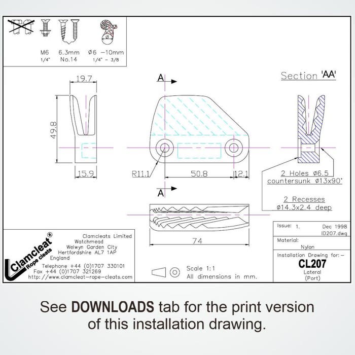 CLAMCLEAT LATERAL BLACK NYLON PORT 6mm - 10mm