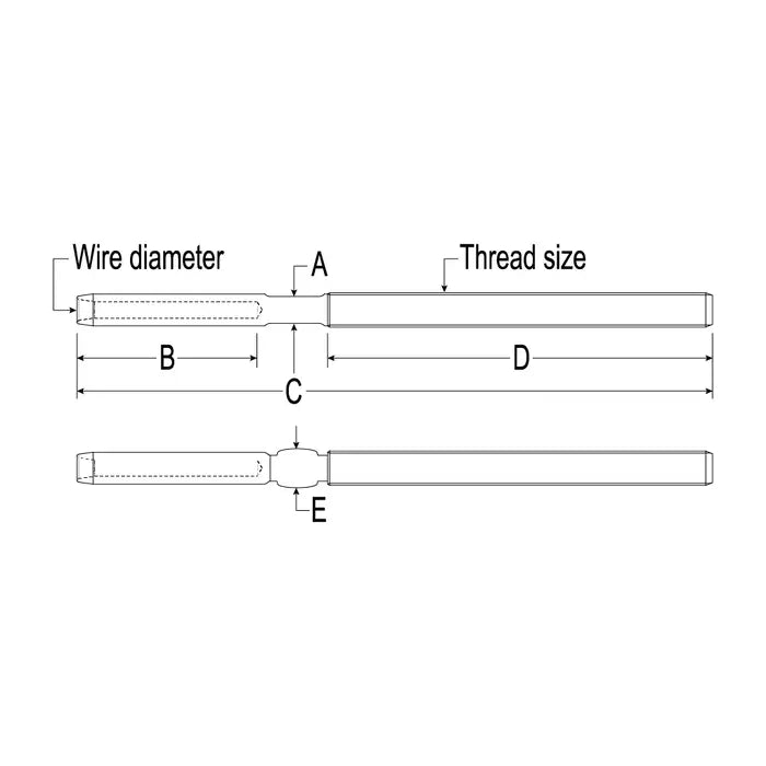 RONSTAN T10 SWAGE TERMINAL, 4MM (5/32")WIRE, 1/4" THREAD
