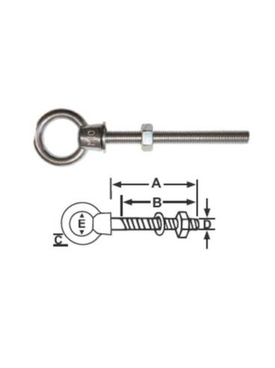SINOX MARINE EYE BOLT- 316 STAINLESS - COLLARED 6 X 60MM 12X120MM