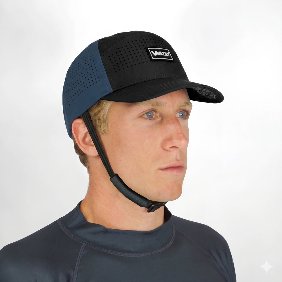 VAIKOBI HYDRO BUMP HAT WITH STRAP - BLACK/ OCEAN BLUE