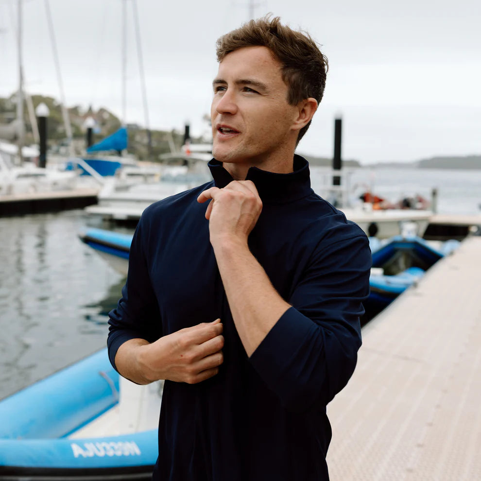 BURKE QUICK DRY LONG SLEEVE ZIP POLO - NAVY  - DISCONTINUED STYLE