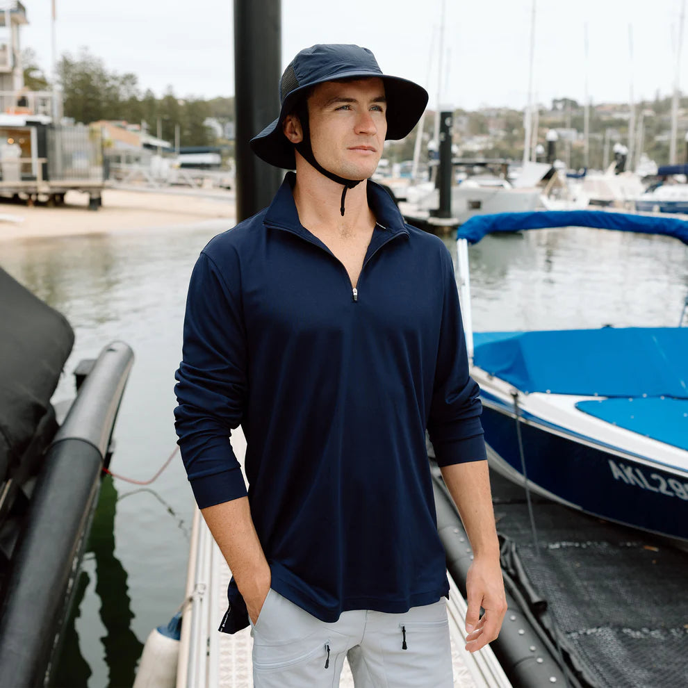 BURKE QUICK DRY LONG SLEEVE ZIP POLO - NAVY  - DISCONTINUED STYLE