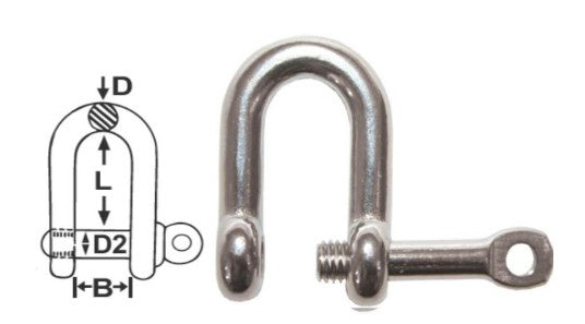 CAPTIVE DEE SHACKLE - 316 STAINLESS - 4mm